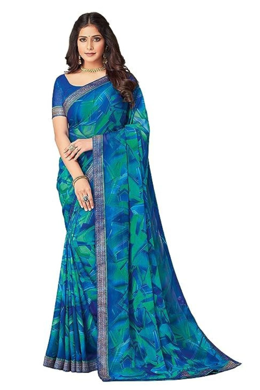 SIRIL Women's Lace & Printed Chiffon Saree with Blouse